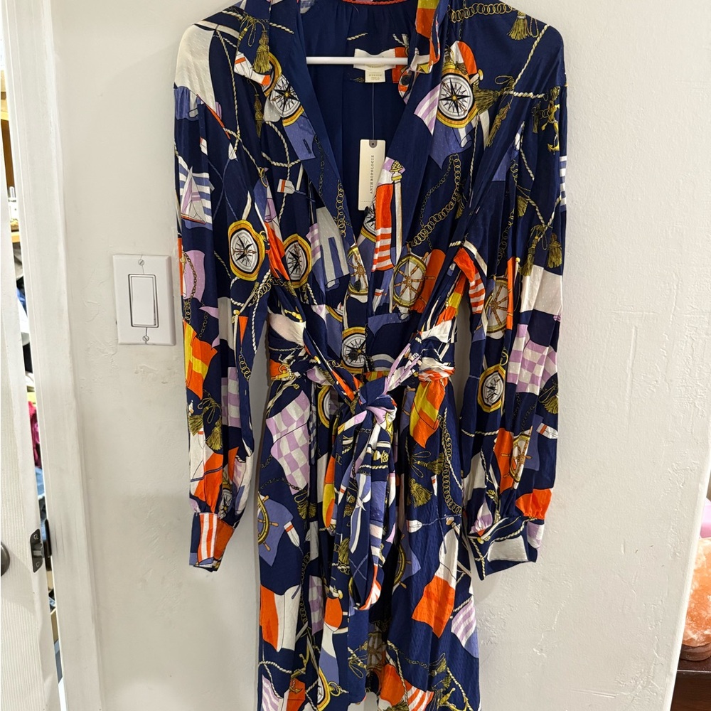 Anthropologie Maeve Blue and Orange Sheath Dress with Bishop Sleeves